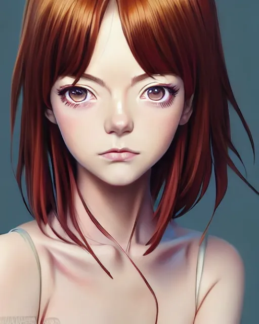 Image similar to portrait Anime as Emma Stone girl cute-fine-face, brown-red-hair pretty face, realistic shaded Perfect face, fine details. Anime. realistic shaded lighting by Ilya Kuvshinov katsuhiro otomo ghost-in-the-shell, magali villeneuve, artgerm, rutkowski, WLOP Jeremy Lipkin and Giuseppe Dangelico Pino and Michael Garmash and Rob Rey