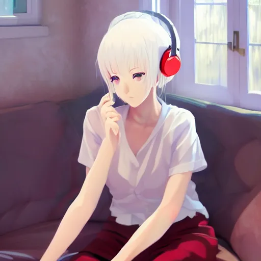 Prompt: anime beautiful girl sits on the sofa and listens to music, the sun shines through the window, white hair, red eyes, clear face, beautiful body, dream light, focus on the face, highly detailed, 8 k, artstation, concept art, in style of kyoto animation, by cushart krenz