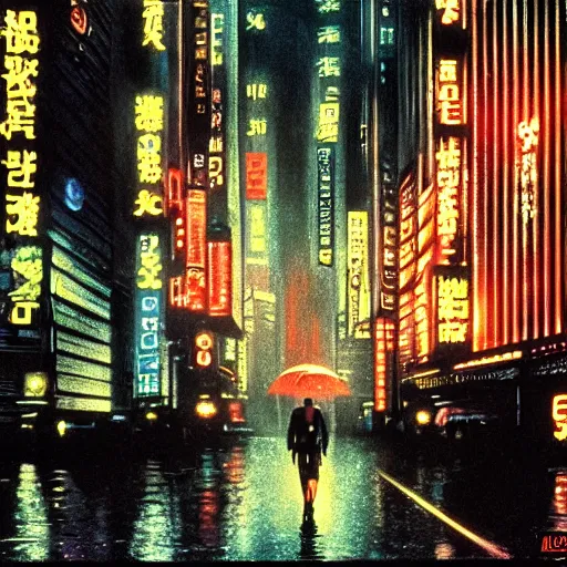 Prompt: 35mm film still blade runner set in a rainy tokyo, skyscrapers by Alex grey
