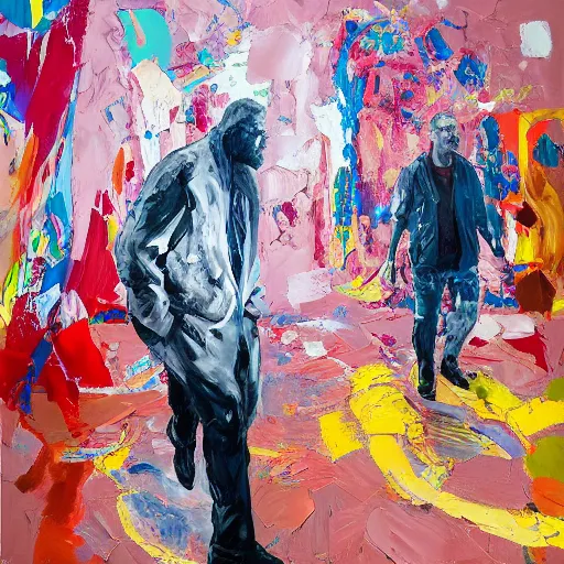 Image similar to _ in _ these _ paintings _ we _ see _ a _ big _ man _ who _ seem _ to _ be _ walking _ in _ circles in an empty void space, 1 6 k, in the style of ben quilty, oil paint with thick brushstrokes of paint, impasto, detailed,