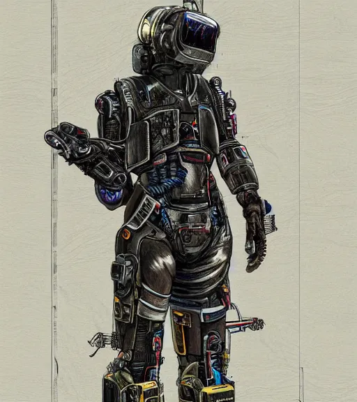 Image similar to realistic cyberpunk japanese engineer with long limbs and a black spacesuit carrying welder, techwear, dead space, visible face, Industrial Scifi, detailed illustration, character portrait, by Martin Grip and Moebius