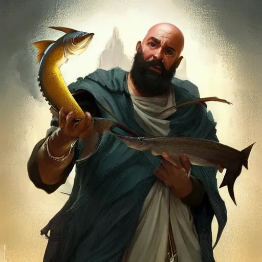 Image similar to wow! fanart young black bearded and bald man with a fish in his hand, d & d, high fantasy, detailed, digital art, artstation, smooth, sharp focus, art by artgerm, greg rutkowski, alphonse mucha