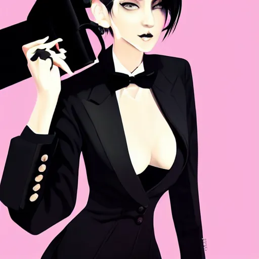 Image similar to slim mafia girl in tuxedo with black bob hair, elegant, 2d, ultra highly detailed, digital painting, smooth, sharp focus, artstation, art by Ilya Kuvshinov