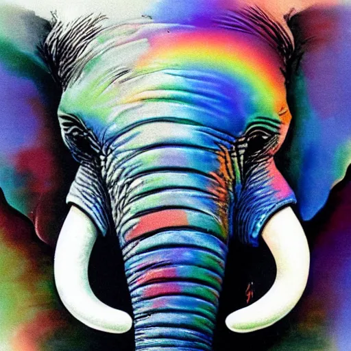 Prompt: an angry rainbow elephant