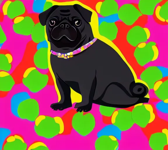 Prompt: a cute black pug wearing a cute turtle outfit, digital art, colourful