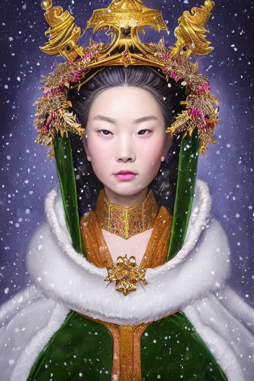 Image similar to a beautiful empress portrait, with a brilliant, impossible striking big Christmas headpiece, clothes Santa robes, everything Christmas, snow, symmetrical, dramatic studio lighting, rococo, baroque, greens, asian, hyperrealism, closeup, D&D, fantasy, intricate, elegant, highly detailed, digital painting, artstation, octane render, 8k, concept art, matte, sharp focus, illustration, art by Artgerm and Greg Rutkowski and Alphonse Mucha