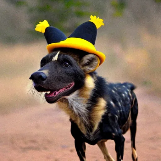 Image similar to A photo of the world's greatest showman: the african wild dog dressed in a hat!