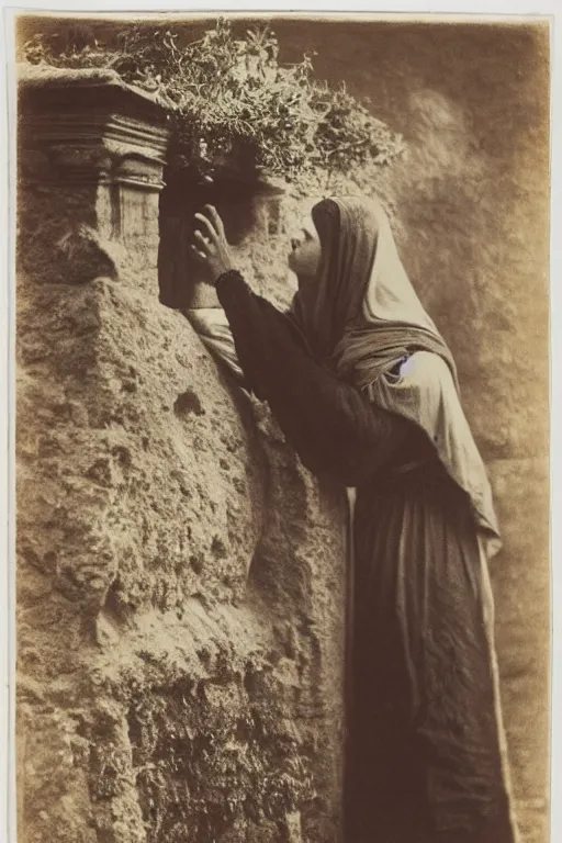 Prompt: a photo om mary praying in front of a tomb, by julia margaret cameron