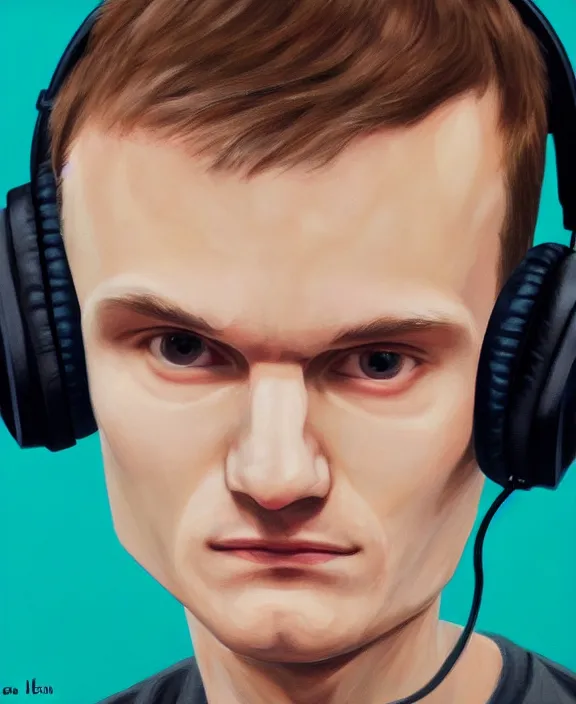 Image similar to vitalik buterin in headphones. vitalik buterin, close up, perfect symmetric face, coherent eyes, cute beautiful face, fine details., 4 k, hans zatska, oil paint