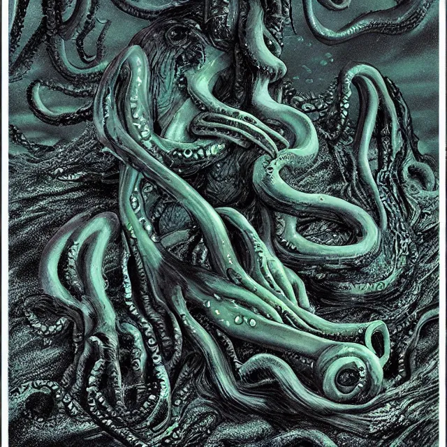 Image similar to phosphorescent skin of the tentacle squid horror, photograph created by del toro + lovecraft + realistic horrors + matte painting + dead souls