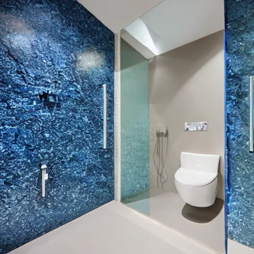 Image similar to a futuristic bathroom with walls and floor made of blue granite. There is a small swimming pool on the floor