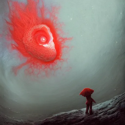 Image similar to the night sky is black and full of stars, huge red eyes are floating in the sky, their irises are red, ethereal tentacles, by Esao Andrews and Karol Bak and Zdzislaw Beksinski and Zdzisław Beksiński, trending on ArtStation, volumetric smoke