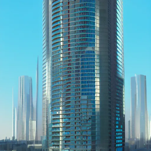 Prompt: futuristic skyscraper with large windows surrounded with smaller buildings, sunny day, hyperdetailed, sharp, artstation, 3 d render, ray tracking