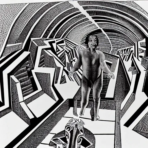 Image similar to andrew lloyd webber apprehensively enters the labyrinth of the minotaur, mc escher