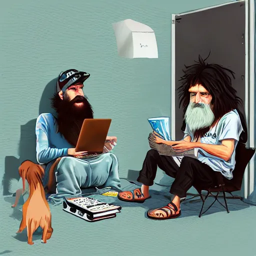 Prompt: homeless man hobo with long beard and long hair sitting at his computer in a white room asylum, headphones on head, his pet dog yorkshire terrier sitting beside him, pixar style, by tristan eaton stanley artgerm and tom bagshaw.