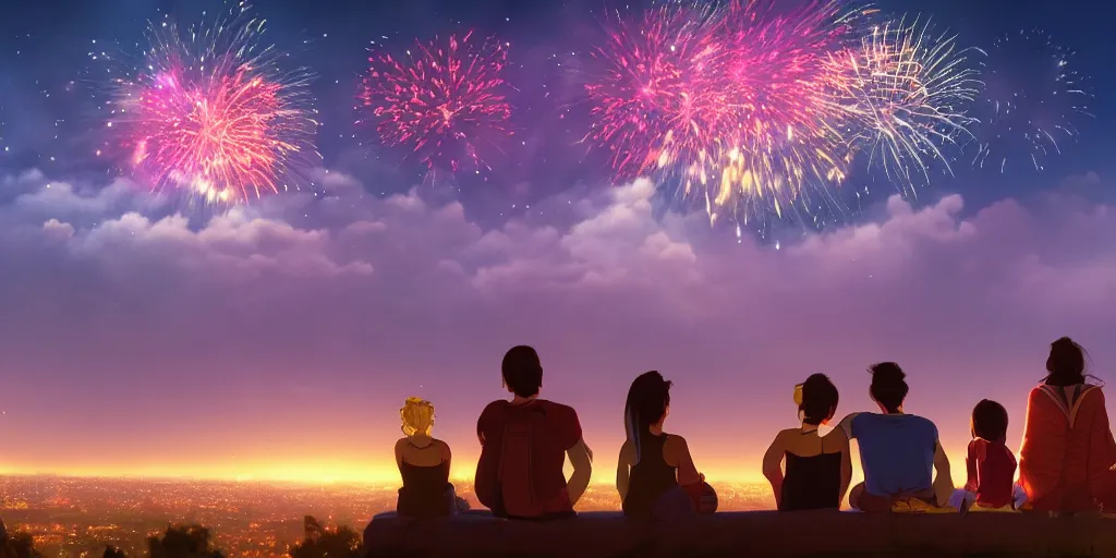 Prompt: people sitting on a hill watching fireworks over los angeles, artstation, vivid colors, unreal engine 5, 8 k, art by rossdraws and alphonse mucha