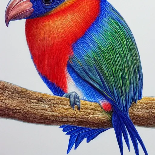 Image similar to Colored pencil art on paper, Tropical Bird, highly detailed, artstation, MasterPiece, Award-Winning, Caran d'Ache Luminance