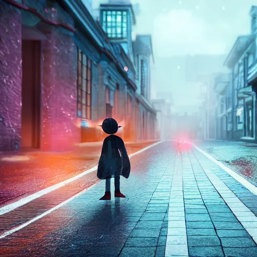 Image similar to kitten walks the empty street in a rainy day, led lights around the place, digital painting, ultra detailed, unreal engine 5,