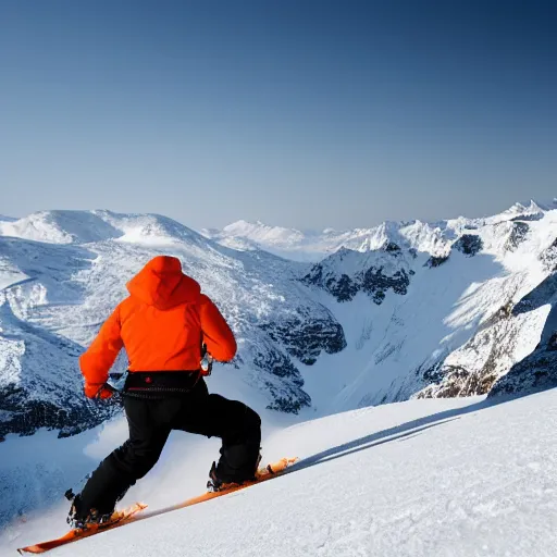 Image similar to skier in orange snow pants and black jacket skiing down a steep mountain face, far away view, photo realistic