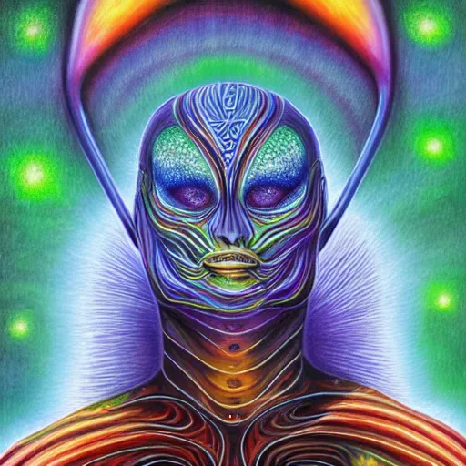 Image similar to cosmic alien lightning fox , Alex grey, realistic 4k deep color
