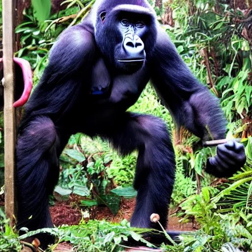 Prompt: gorilla lifting weights in the jungle