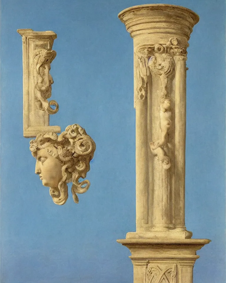 Image similar to achingly beautiful painting of intricate ancient roman corinthian capital on a baby blue background by rene magritte, monet, and turner.