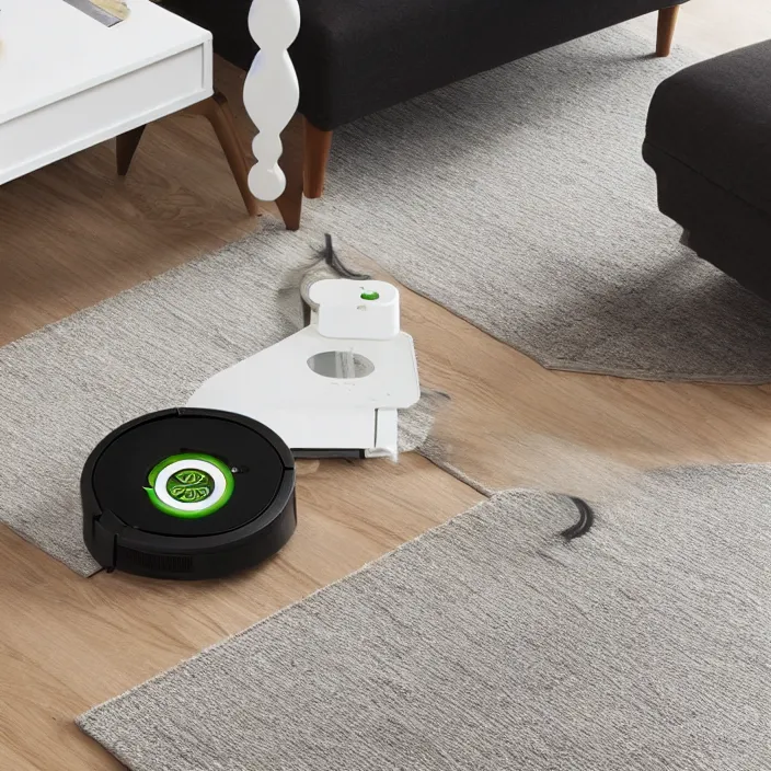 Image similar to A Roomba with a four stand legs with wheels just like a table, product advertising, professional advertising, studio quality product