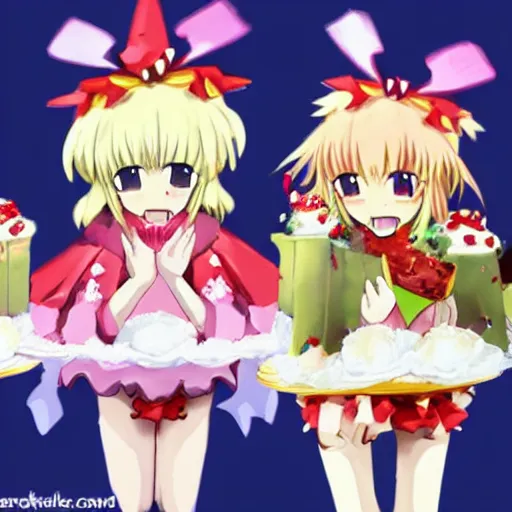 Image similar to flandre eating cupcakes. anime style.