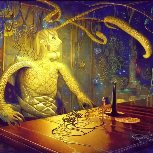 Prompt: an ethereal humanoid snake with hands, golden scales and blue accents scattered in its design, set in an empty tavern full of wispy blue spirits, warm yellow lights, art by yuji ikehata and satoshi kon, background art by miyazaki, realism, proper human male proportions, fully clothed, dungeons and dragons, anime