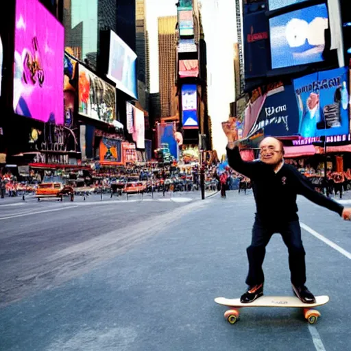 Image similar to photograph of danny devito skateboarding in times square