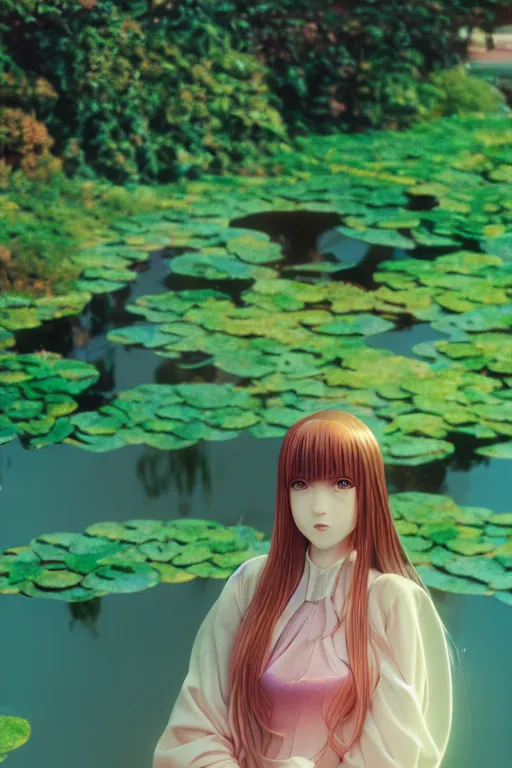 Prompt: Cinestill 800t, 8K, highly detailed, moebius seinen manga 3/4 extreme closeup portrait, clear eyes, focus on art nouveau fairy dress model, tilt shift zaha hadid style anime background: famous moebius anime remake, Garden pond scene