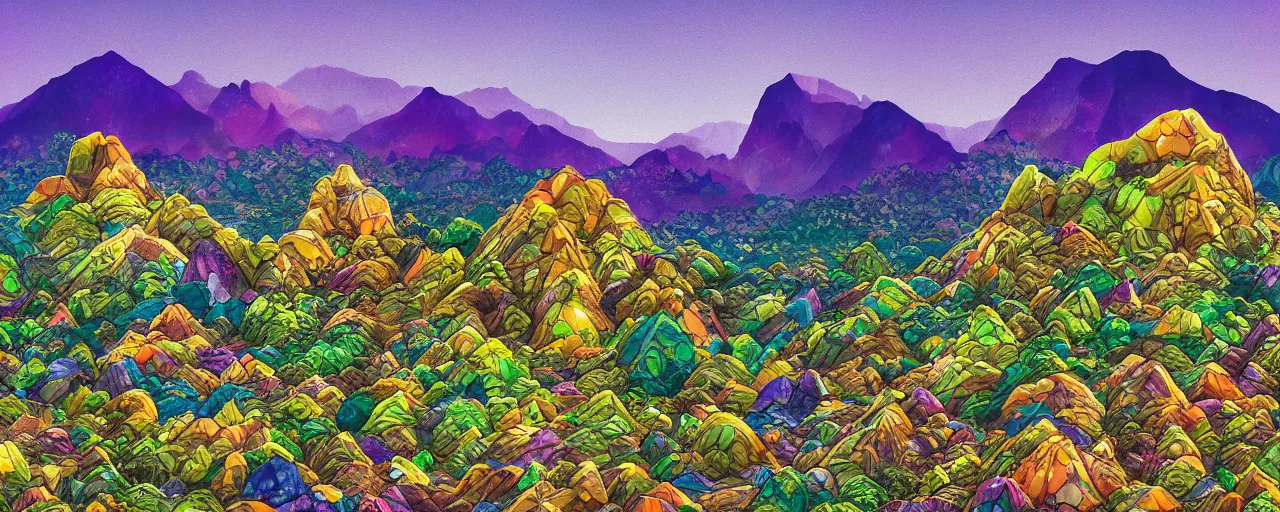 Prompt: An alien landscape with mountains made of gems, and strangely shaped trees and plants, bold complementary colours, 2D matte, photorealism, detailed, intricate,