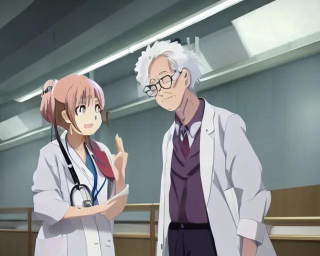 Image similar to a cute and beautiful young female doctor wearing white coat are talking with an old professor in a hospital, slice of life anime, lighting, anime scenery by Makoto shinkai