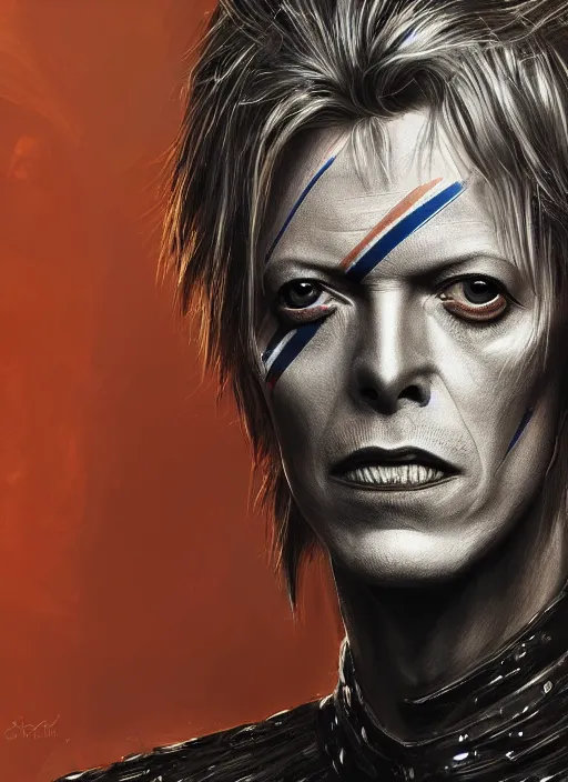 Image similar to masterpiece portrait david bowie, dark souls style, warrior, gael knight, ashen warrior, detailed portrait, fantasy character portrait, top lighting, hyper detailed, digital painting, 8 k realistic, hyper detailed, realistic shaded, perfect face, artstation,