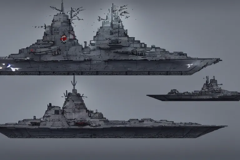 Image similar to Concept art of an angular stealth Bismarck battleship