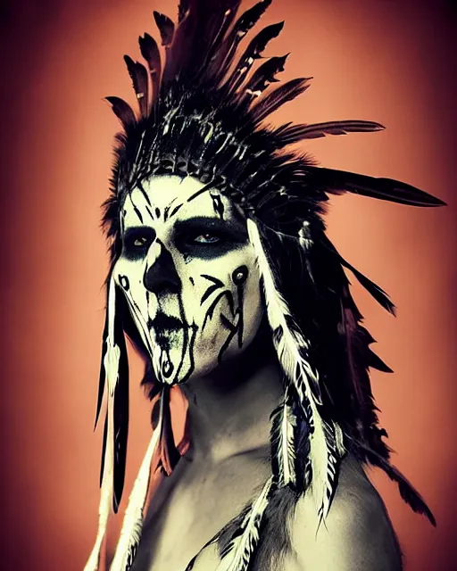 Image similar to lady native sisters ghost - spirit of the grim - warpaint wears the scarlet skull armor and native blood headdress feathers, midnight fog - mist!, cinematic lighting, various refining methods, micro macro autofocus, ultra definition, award winning photo, photograph by ghostwave - gammell - giger - shadowlord