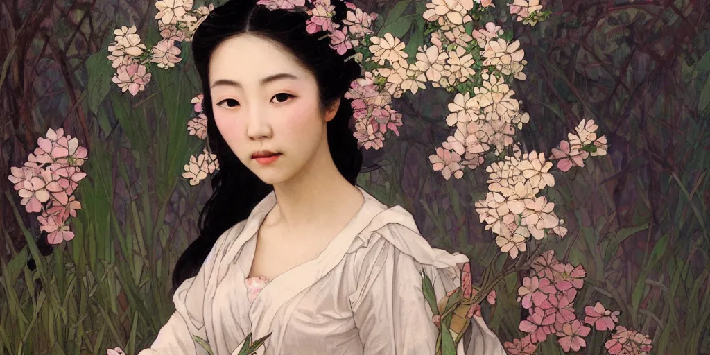 Prompt: a portrait of a very beautiful Asian young woman with giant flowers behind her head, looks like Tang Wei, in the style of WLOP and Alphonse Mucha and Ross Tran, realistic, seductive, closeup, facing the camera, dramatic lighting