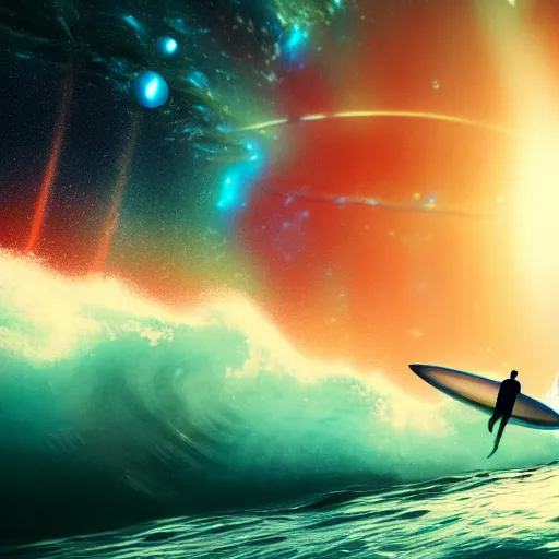 Image similar to photo of a alien surfing a surfboard on a crashing l wave of alien ocean in space, background is an alien galaxy, aliens in the background, alien colors, octane render, unreal engine, wide view, 8 k, high detaild