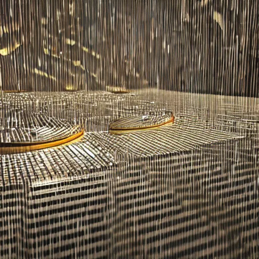 Prompt: a sculpture of music notation, three quater notes, art installation, made of polished reflective broze, cinematic light, rain, 8 k, octane render, reflections,