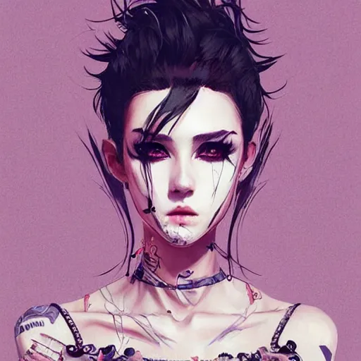 Image similar to a beautiful punkrock woman in crop top, by guweiz and wlop, symmetrical eyes, aesthetic, gorgeous, stunning, alluring, attractive