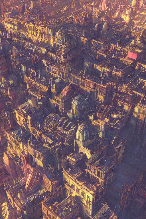 Prompt: colorful aerial vue of steampunk paris, intricate details, realistic shaded , steampunk, highly detailed, artstation, painting by françois Schuiten, octane render, dynamic light, volumetric light, neon lights, cinematic mood