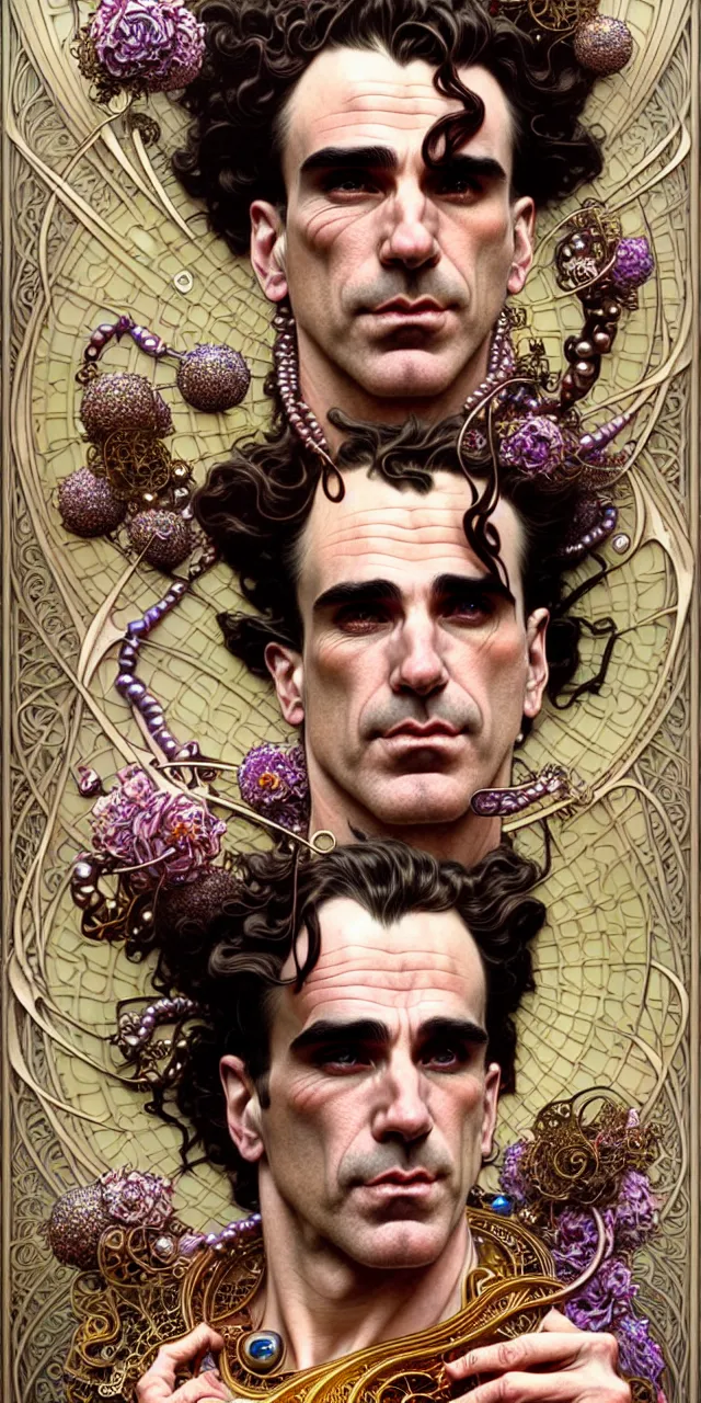 Image similar to handsome daniel day lewis art nouveau fantasy character portrait, ultra realistic, intricate details, the fifth element artifacts, highly detailed by peter mohrbacher, hajime sorayama, wayne barlowe, boris vallejo, aaron horkey, gaston bussiere, craig mullins alphonse mucha, art nouveau curves swirls and spirals, flowers pearls beads crystals jewelry goldchains scattered