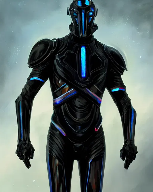 Image similar to iridescent sinewy smooth muscular male sleek glossy black pearlescent scifi armor with smooth black featureless helmet, by greg rutkowski, mark brookes, jim burns, tom bagshaw, magali villeneuve, trending on artstation