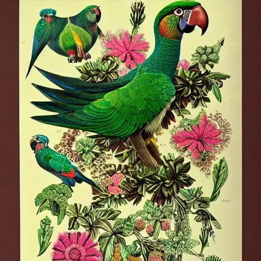 Image similar to beautiful elegant ernst haeckel fauna illustration of many greek cheek conures and flowers, ( greek cheek conure ) ( green cheeked parakeet ) ( pyrrhura molinae )