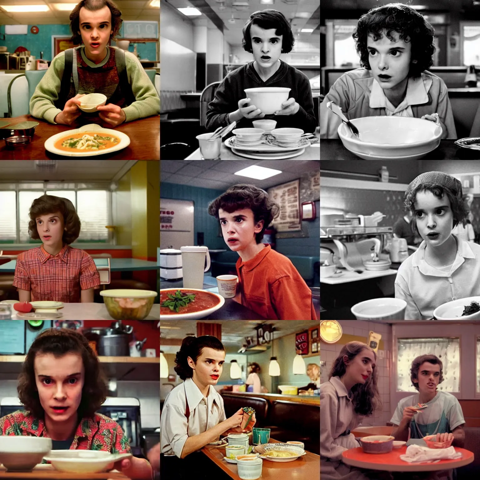 Prompt: photograph of Vecna from Stranger Things having a bowl of soup at a 1950s diner