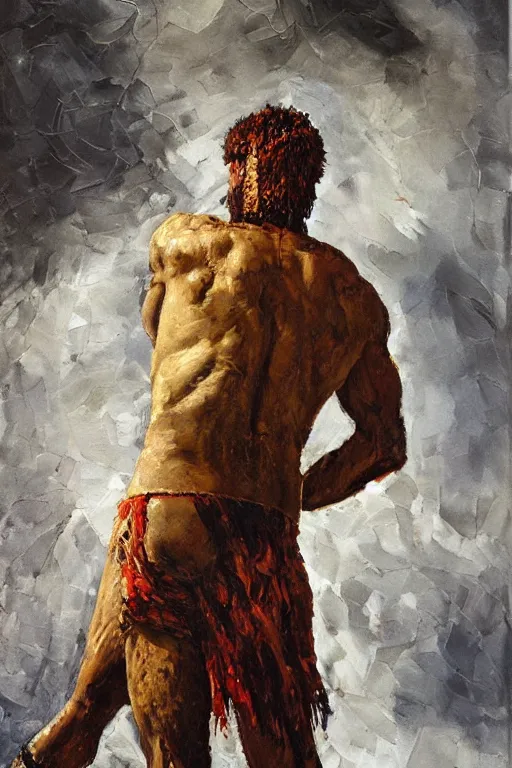 Image similar to highly detailed palette knife oil painting of a historically accurate depiction of the ancient biblical philistine giant warrior Goliath of Gath, fierce, menacing, by Peter Lindbergh, impressionistic brush strokes, painterly brushwork