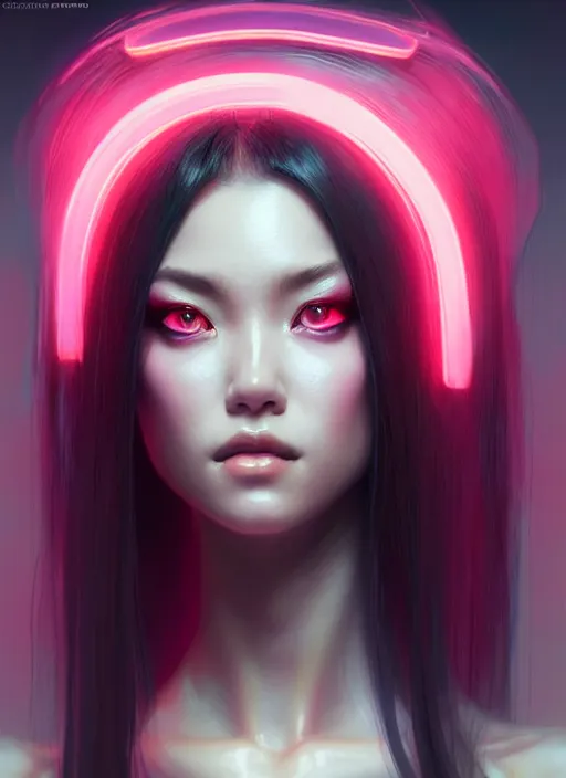 Prompt: portrait of female oriental humanoid, intricate, elegant, cyber neon lights, highly detailed, digital photography, artstation, glamor pose, concept art, smooth, sharp focus, art by artgerm and greg rutkowski