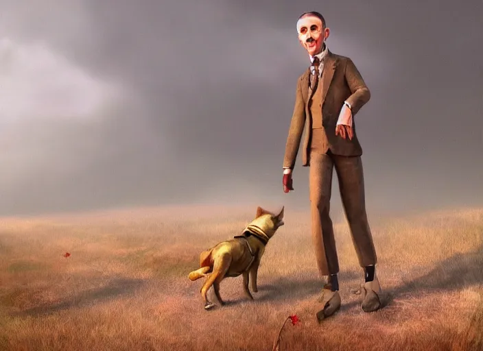 Prompt: landscape, a realistic portrait and realism, a humanoid mutant dog, walking in 1 9 3 0 s clothes, fine art, horror, sharp focus, ten flats, digital art, bright colors, trending on artstation, unreal engine.