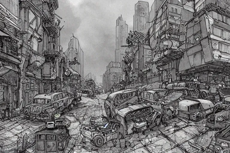 Image similar to a post apocalyptic city street by Mattias Adolfsson