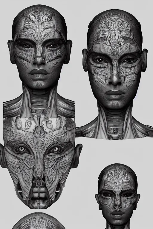 Prompt: andriod hindu goddess with gunmetal grey skin, medical anatomy, very symmetrical face, highly detailed, japanese mecha, three - perspective / three - view reference sheet ( front / back / side ), in the style of dan ouellette, dren from splice, hr giger, sil from species, artstation, unreal engine